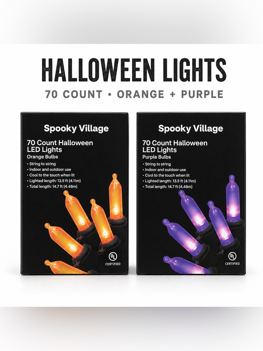 Spooky Village Halloween LED Lights Orange Purple 70 Count Each Set of 2 NIB
